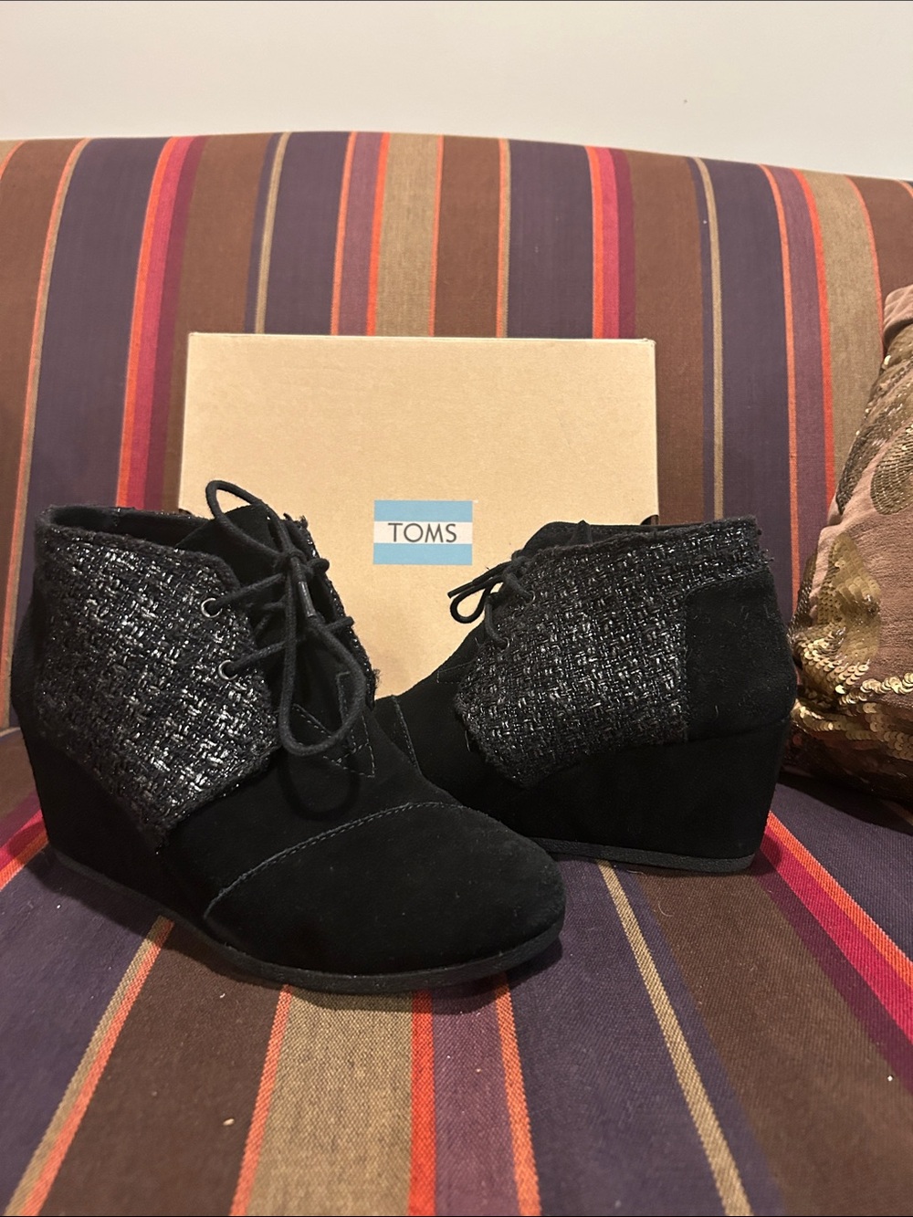 TOMS Black Suede & Tweed Lace-Up Wedge Boots